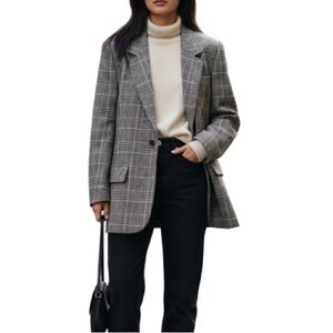 VINTAGE 90s Zig Zag Wool Blend Blazer Houndstooth Plaid Padded Shoulders Boxy 6